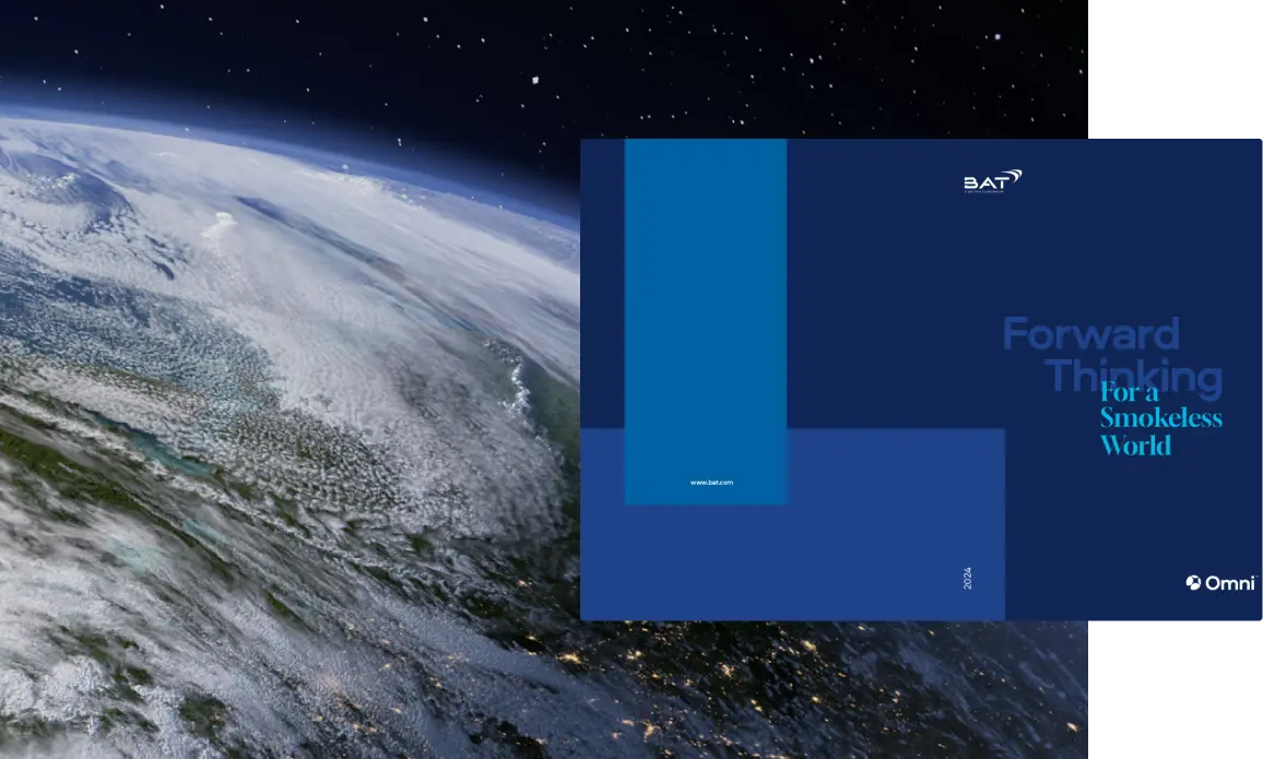 Image of the earth from space with the OMNI "Forward Thinking for a Smokeless World" book superimposed.