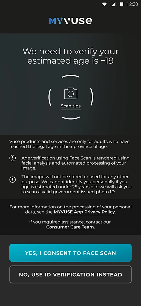 MyVuse app screen asking for age estimation