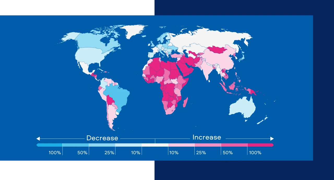 Worldmap showing the decrease and increase of smoking prevalence in countries