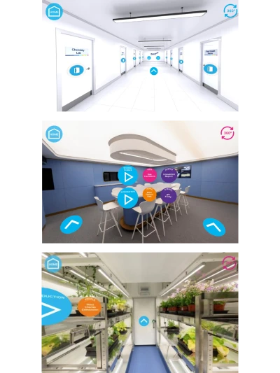 Collage of three interactive virtual tour images showing office hallway, meeting room, and plant growing facility.