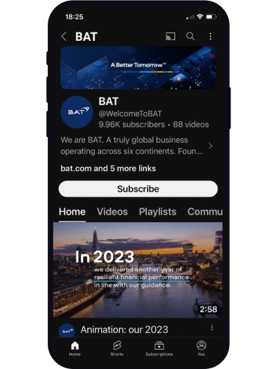 Smartphone screen showing BAT's YouTube channel page with company information and video thumbnails.