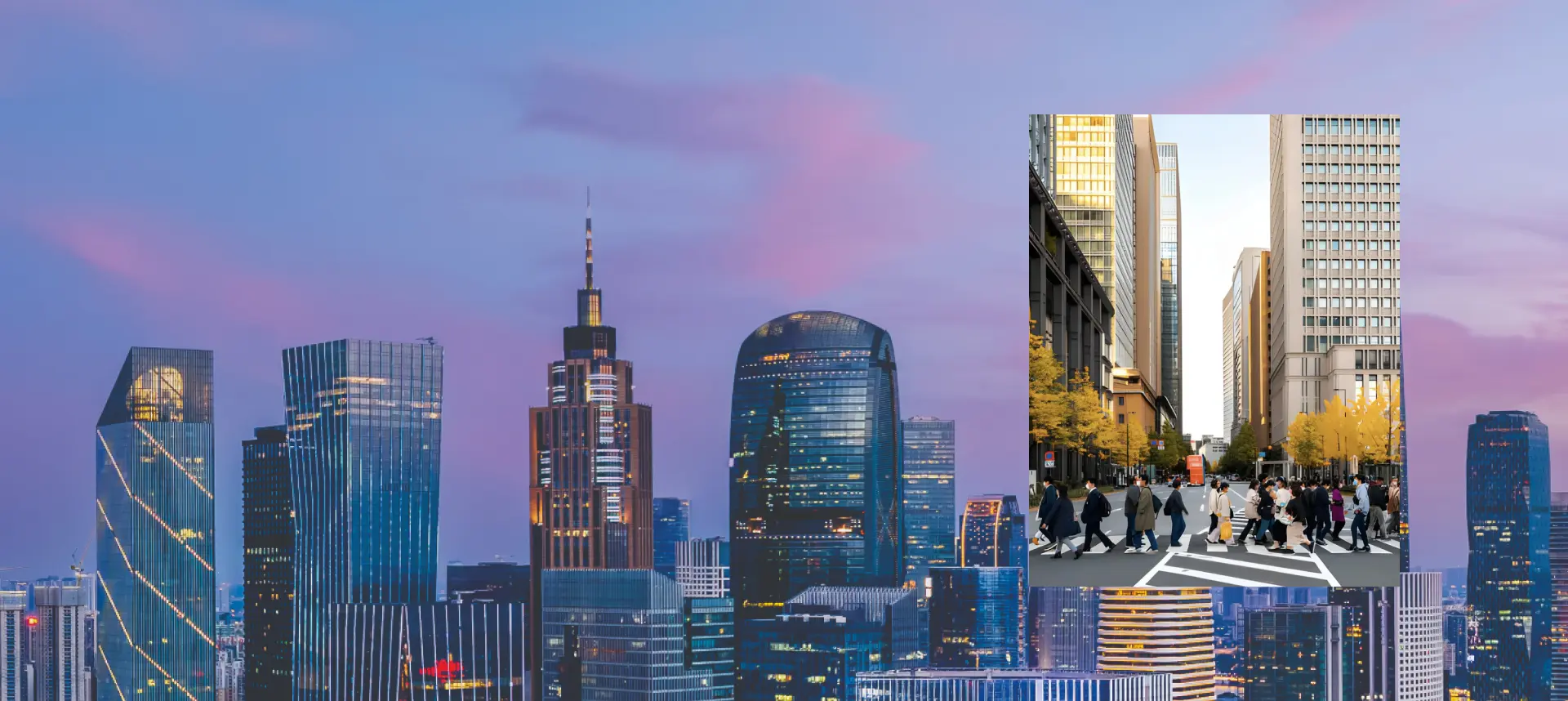 Skyline of a modern city with skyscrapers at twilight, featuring an inset image of pedestrians crossing a busy street.